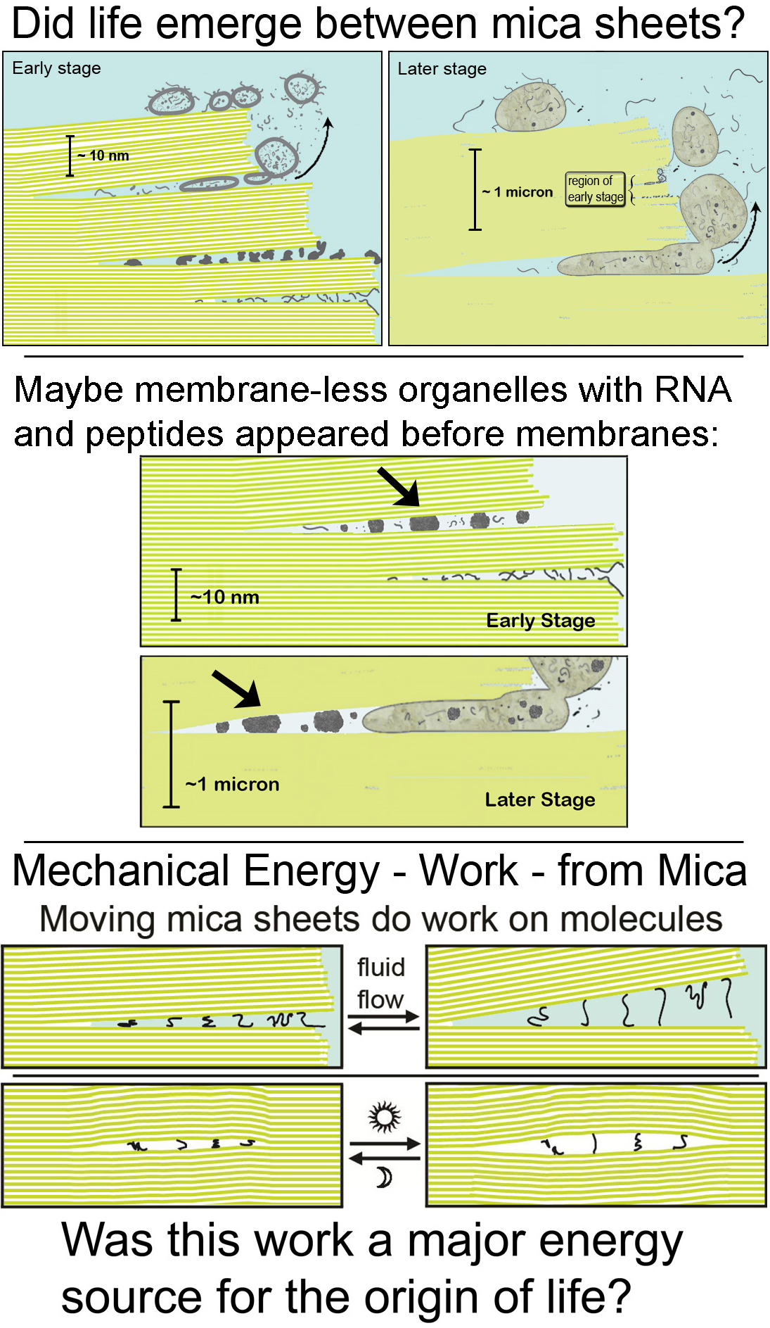 Mica World: mechanical energy and membraneless organelles before membranes?