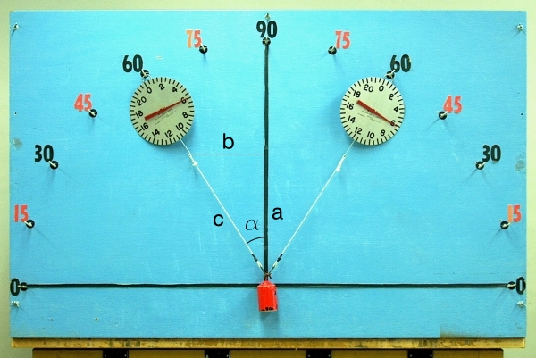 Spring scales on protractor board