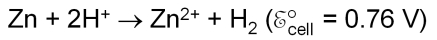 Zn plus 2H-plus yields Zn-2-plus plus H-2; E-zero-cell equals 0.76 volts