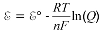 E equals E-zero minus (RT/nF) ln(Q)