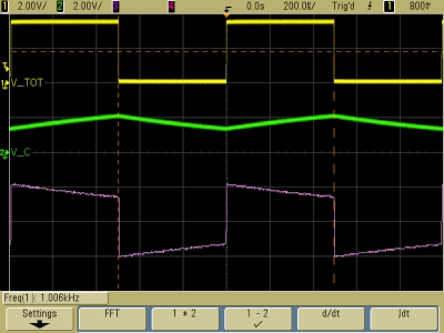 Oscilloscope traces for an RC time constant of about 1,000 microseconds (R is about 100 kilohms)