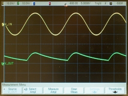 Half-wave rectifier output, filtered with a 0.1-μf capacitor