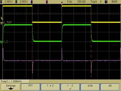 Oscilloscope traces for an RC time constant of about 8 microseconds (R is about 800 ohms)